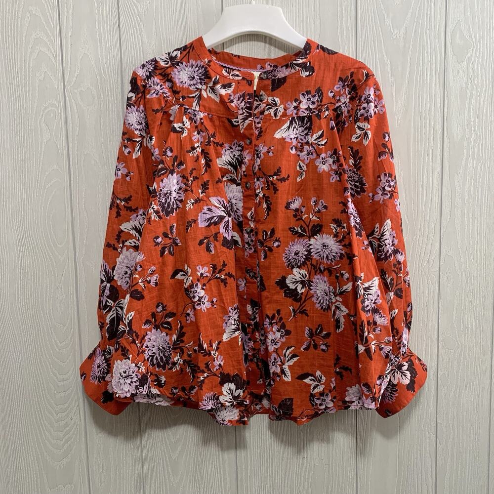 Maeve Orange Red Floral Balloon Sleeve Cotton Blouse Top XL NWT